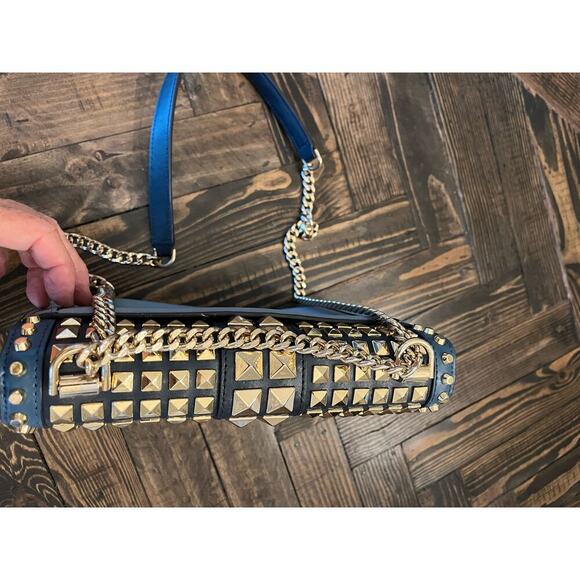 Michael Kors Whitney Blue Leather Two Tone Crossbody Purse Leather Gold Chain - Picture 14 of 15